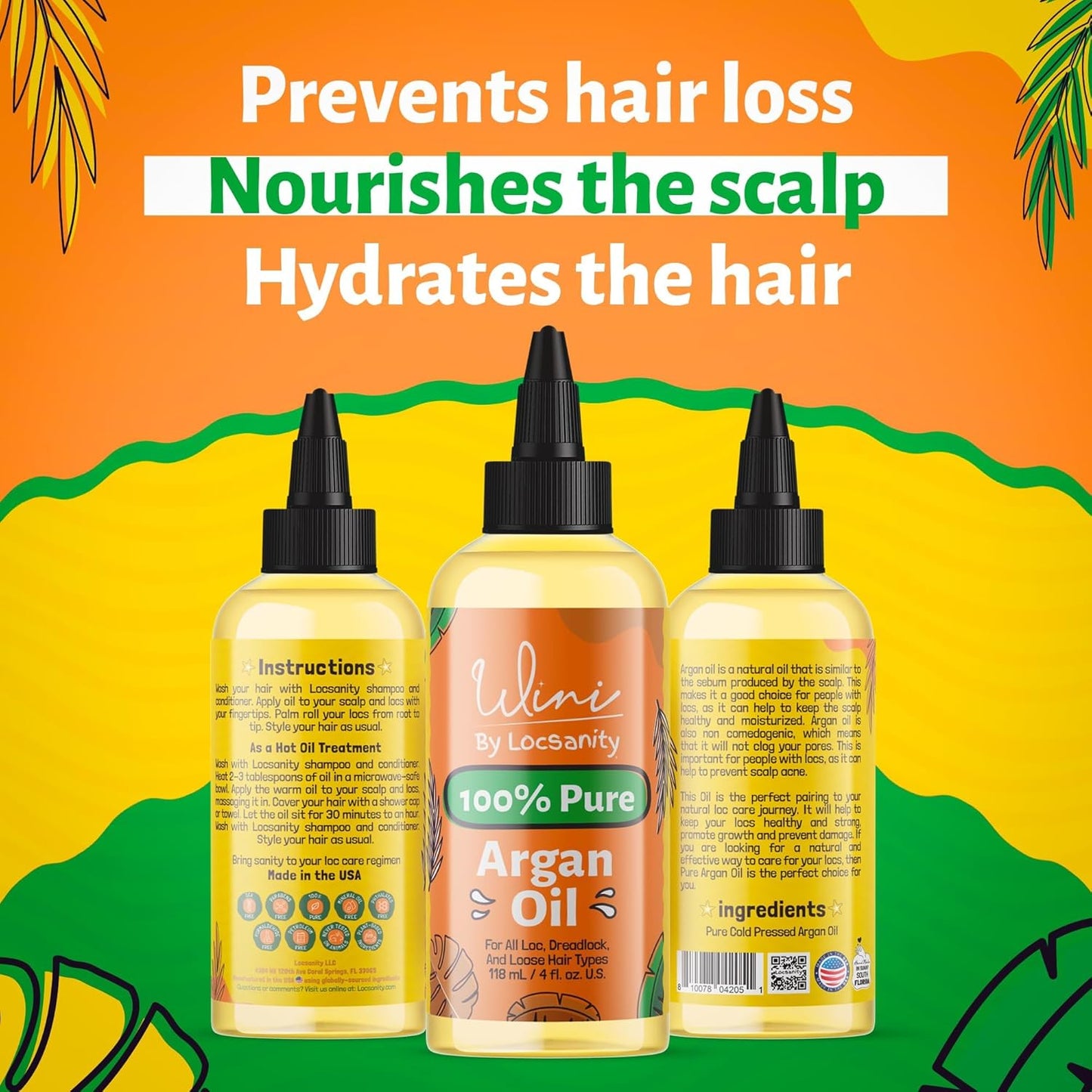 Locsanity Wini Pure 100% Cold Pressed Organic Argan Oil for Hair and Body | Non-GMO | Unscented - 4 fl oz: Moisturizing Oil for Hair Growth, Skin Hydration, Nail Care & Frizz Control