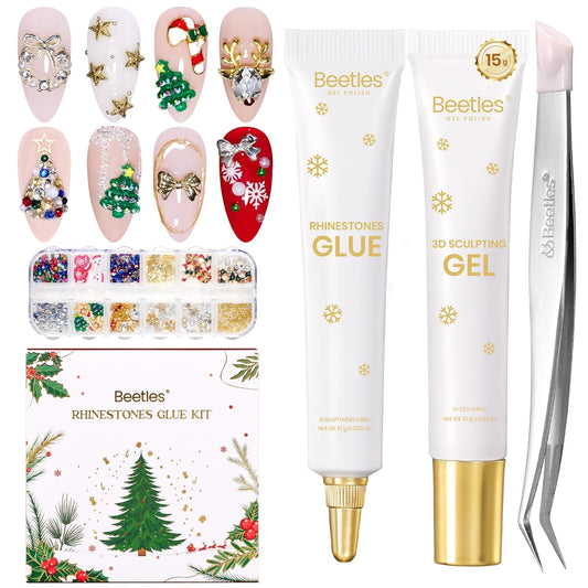 Beetles Christmas Rhinestones Glue Kit - Christmas Limited with 3D Sculpting Gel, Strong Nail Art Gem Glue &Tool for Crystals Pearls Charms Christmas Nail Art DIY Decoration Gift for Women