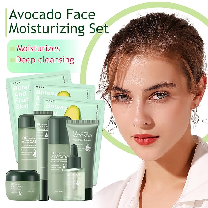 Avocado Skincare Set,Hydrating Travel Size Avocado Face Wash,Moisturizing Face Toner & Face Serum & Face Cream,Eye Cream Skin Care Gift Set for Women（9PCS)