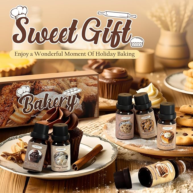 SALUBRITO Bakery Fragrance Oils Set, Premium Essential Oils Set for Candle, Soap Making, Diffuser - Pumpkin Pie, Chocolate Cupcake, Snickerdoodle, Gingerbread, Creamy Vanilla, Sugar Cookies