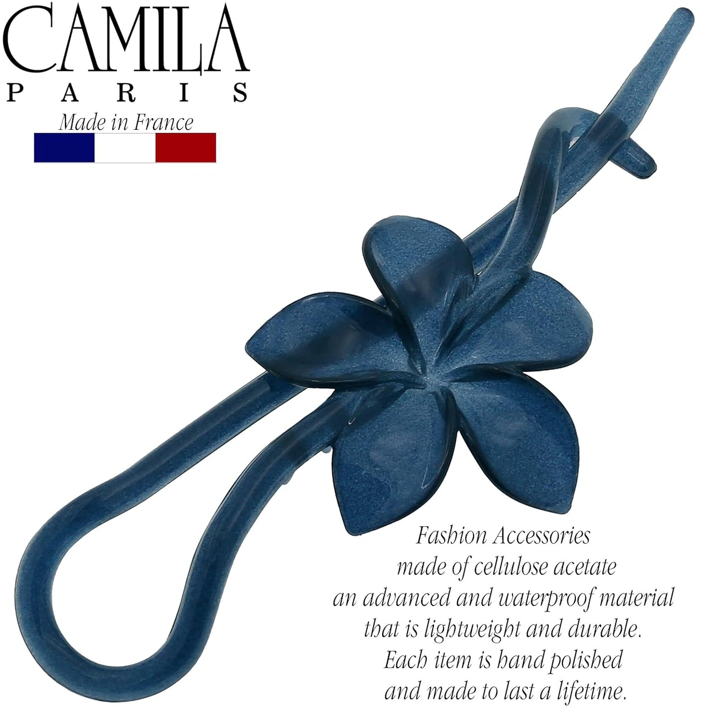 Camila Paris CP3194 French Hair Barrette Pin Clips for Girls, Flower, Blue, No Metal Parts, Strong Hold Grip Hair Clips for Women, No Slip and Durable Styling Girls Hair Accessories, Made in France