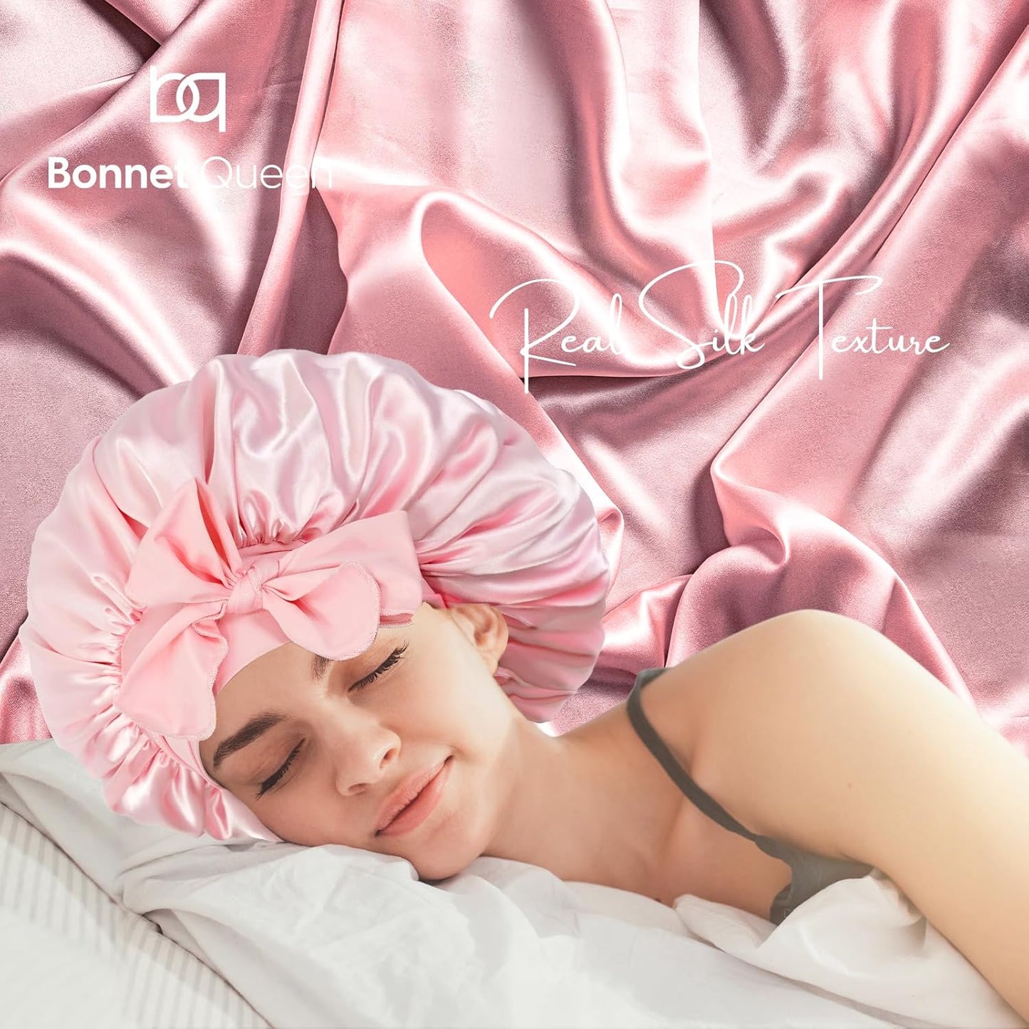 BONNET QUEEN Silk Bonnet for Sleeping Women Big Satin Bonnet Night Sleep Cap Wrap for Curly Hai rwith Adjustable Tie Band, Single Layer, Large, Pink