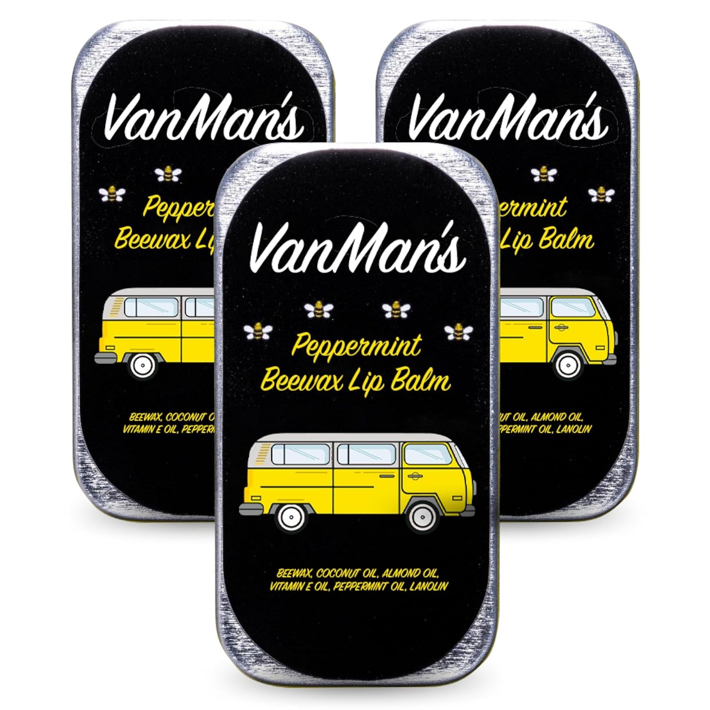 Vanman’s - Handmade Peppermint Beeswax Lip Balm (3 Pack) - Peppermint Lip Balm with Rosemary, Almond and Coconut Oil - Bee Balm with Vitamin E - Ideal for Dry Lips - 2 oz