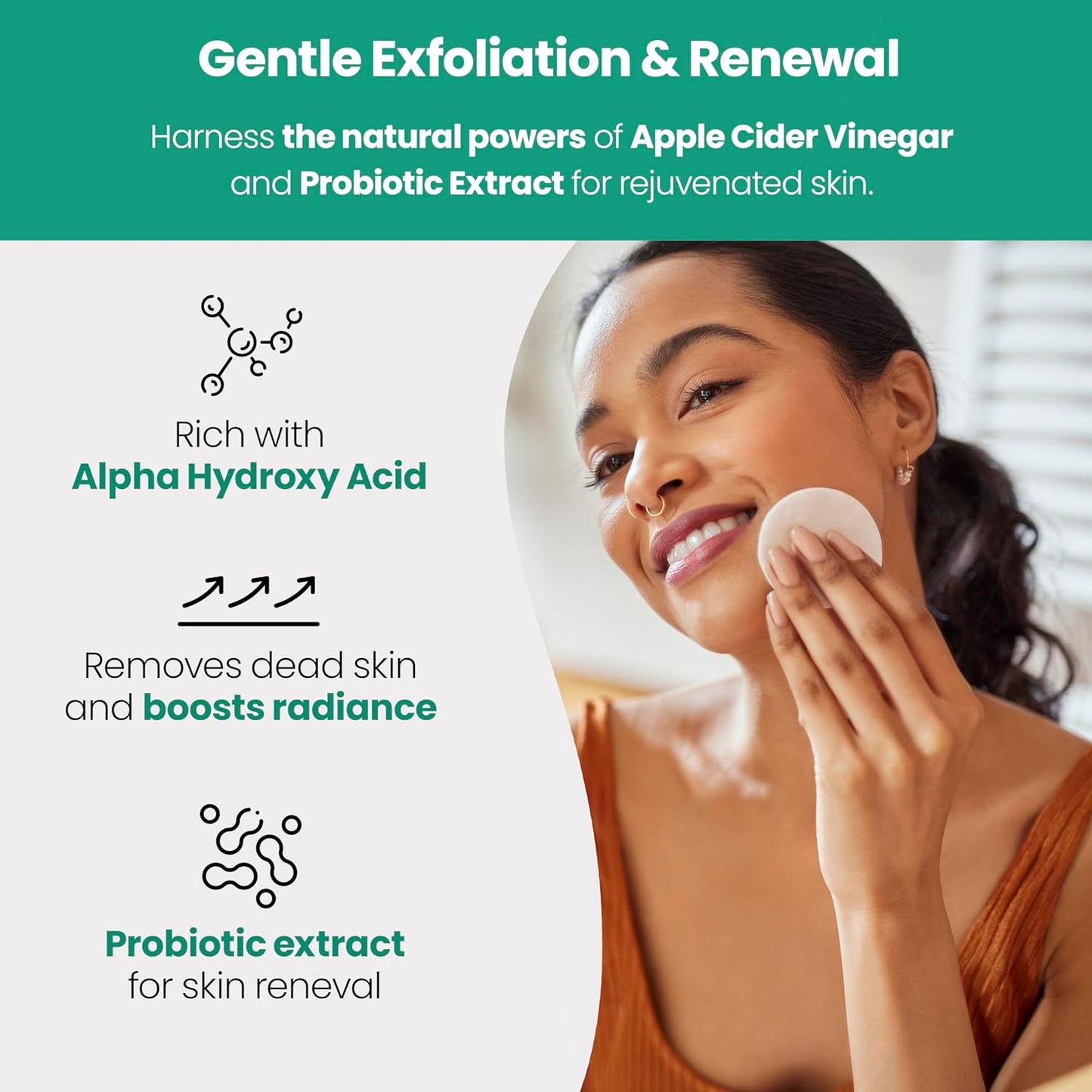 Applebiotic Toner Pads for Face - Exfoliating Face Wipes, for All Skin Types - Apple Cider Vinegar, Green Tea, 60 Pads