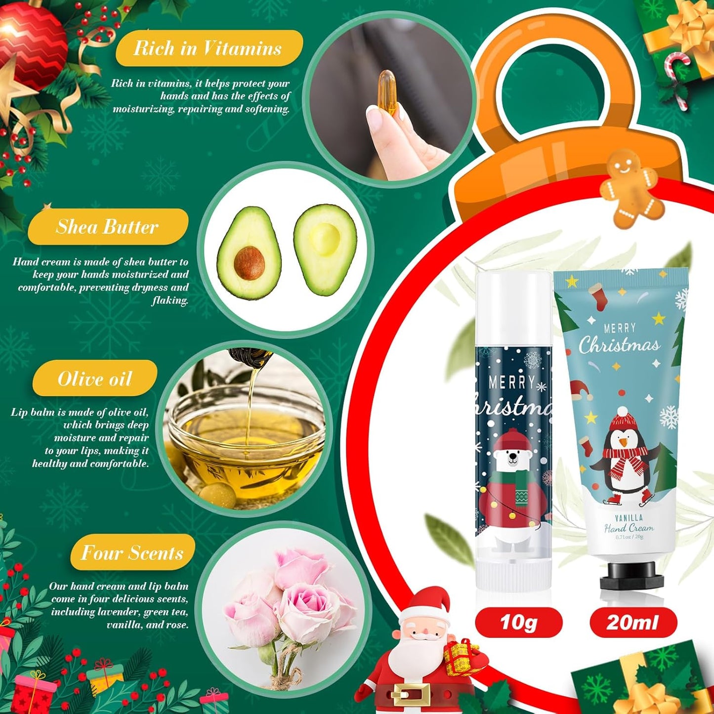 36 Set Christmas Hand Cream Gift Set, Including Moisturizing Christmas Hand Lotion, Xmas Lip Balm, Gauze Bags, Thank You Cards Natural Fragrant Xmas Hand Cream with Lip Balm Christmas Gifts