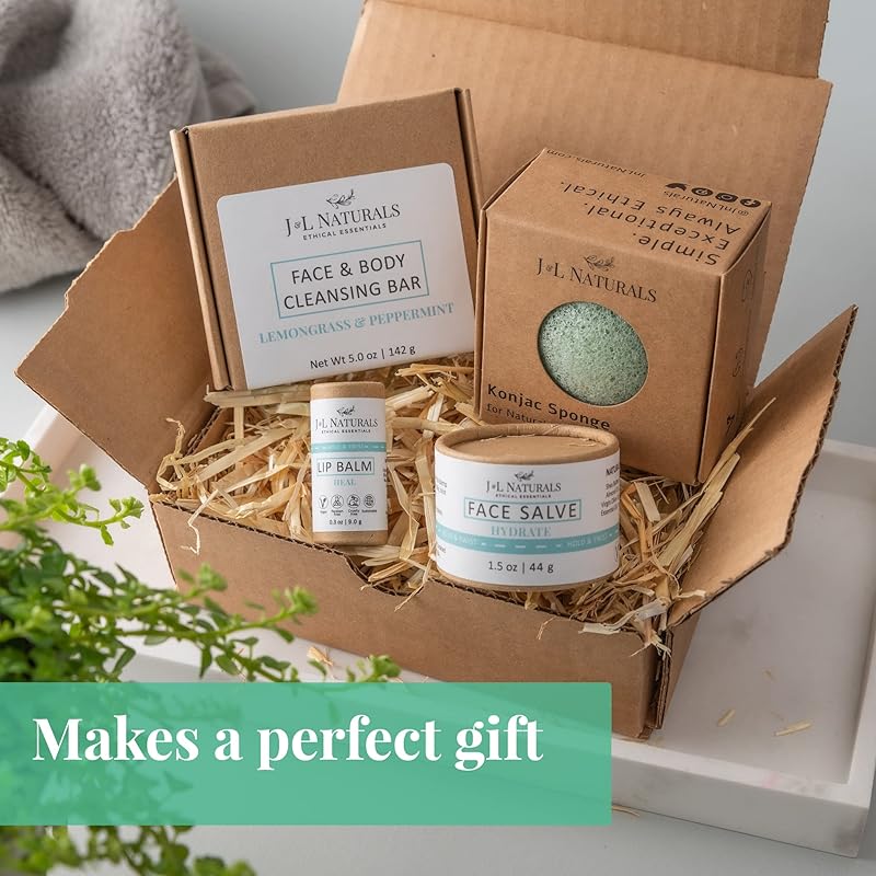 J&L Naturals Simple Skin Regimen Kit With Cleansing Bar, Face Salve, Konjac Sponge, Lip Balm | For Oily, Dry, Mature, and Combination Skin | Zero Waste (Timeless (mature skin), Simple)