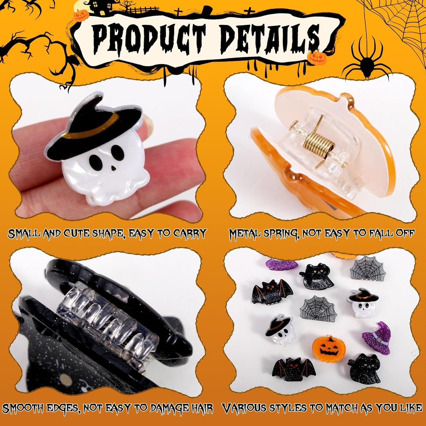 Mini Halloween Hair Clip -12PC Small Claw Clips Pumpkin Ghost Bat Spider Shape Hair Claw for Girls, Cute Hair Accessories (mini-Halloween hair clips)