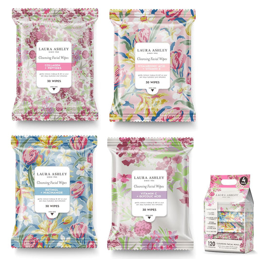 Laura Ashley 4 Pack Face Wipes for Women - Cleansing Makeup Remover Wipes with Vitamin C, Retinol, Hyaluronic Acid - 120 Pcs