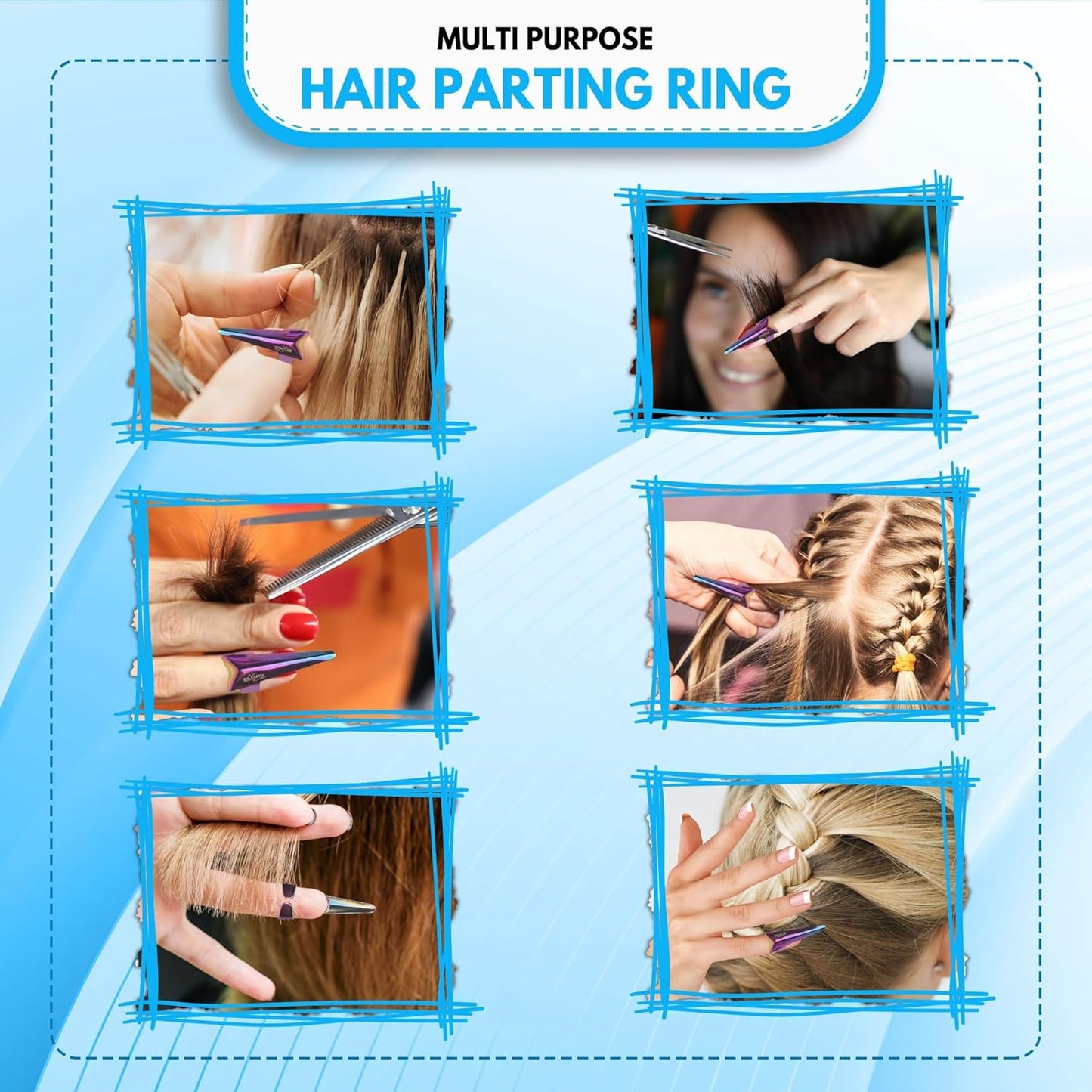 Beauty & Crafts 2PC Pro Hair Parting & Sectioning Rings-Stainless Steel Finger braiding Tool for Precise Hair Styling and Extension Installations - Inculde Straight &Curved Ring with Box (Multi)