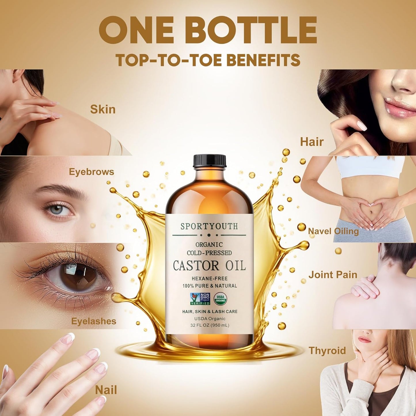 SPORTYOUTH Organic Castor Oil Cold Pressed Hexane Free USDA Certified 100% Pure Unrefined Glass Bottle 32 oz Carrier Oil for Hair Growth, Scalp, Castor Oil Pack, Eyelashes, Brows, Skin, Face, Body