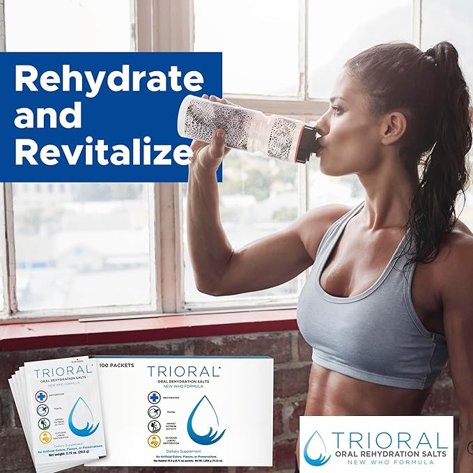 TRIORAL Rehydration Electrolyte Powder - WHO Hydration Supplement Salts Formula - Combat Dehydration from Workouts, Fluid Loss and Much More - 100 Drink Mix Packets