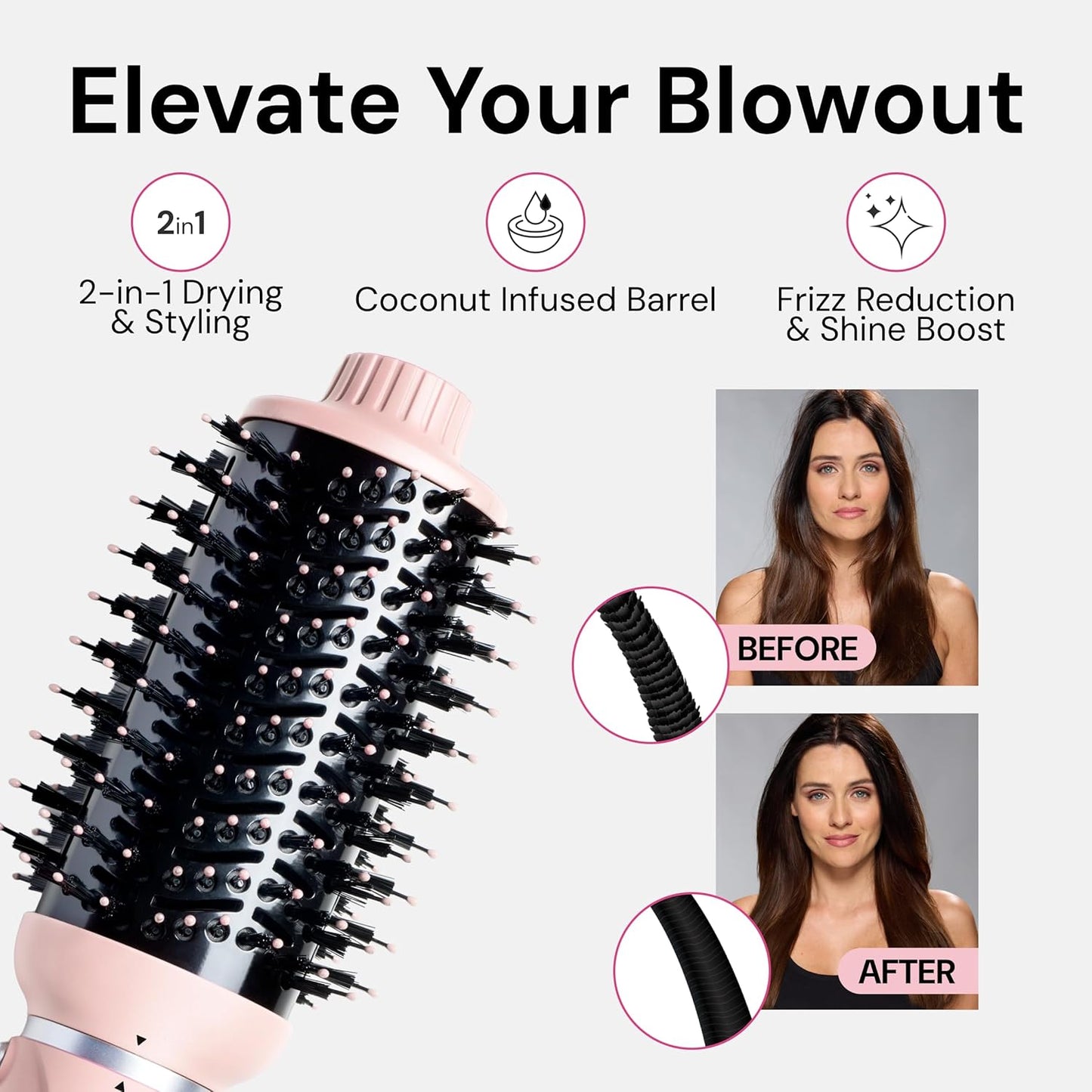 L'ANGE HAIR VolumeBoost 60mm 2-in-1 Ceramic Volumizing Brush Dryer | Fast Drying & Styling for Frizz-Free, Voluminous Blowouts | Ceramic-Coated Barrel (Blush)