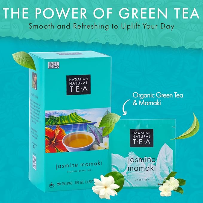 Hawaiian Natural Tea Organic Mamaki Jasmine Green Tea Blend - Antioxidant-Rich For Calming, Wellness, Bedtime, Anxiety & Stress - Gift for Special Ocassions, 20 Bags