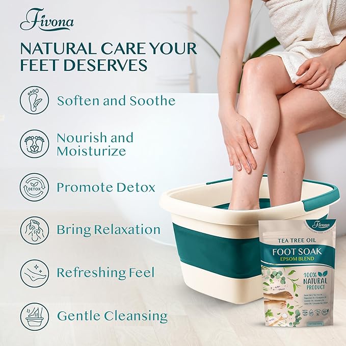 Fivona Foot Care Kit 2 in 1 - Foot Soak Blend with Epsom Salt, Tea Tree & Essential Oils - Collapsible Foot Soak Basin - Pedicure Spa Soak for Tired Feet, Cracked Heels, Stubborn Foot Calluses
