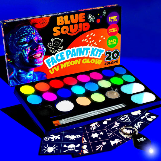 Blue Squid UV Neon Face and Body Paint Glow in the Dark Face Paint Kit 20 Colors Black Light with Stencils, Book - Safe for Sensitive Skin, Non-Toxic UV Painting Professional Accessories Kids Adults