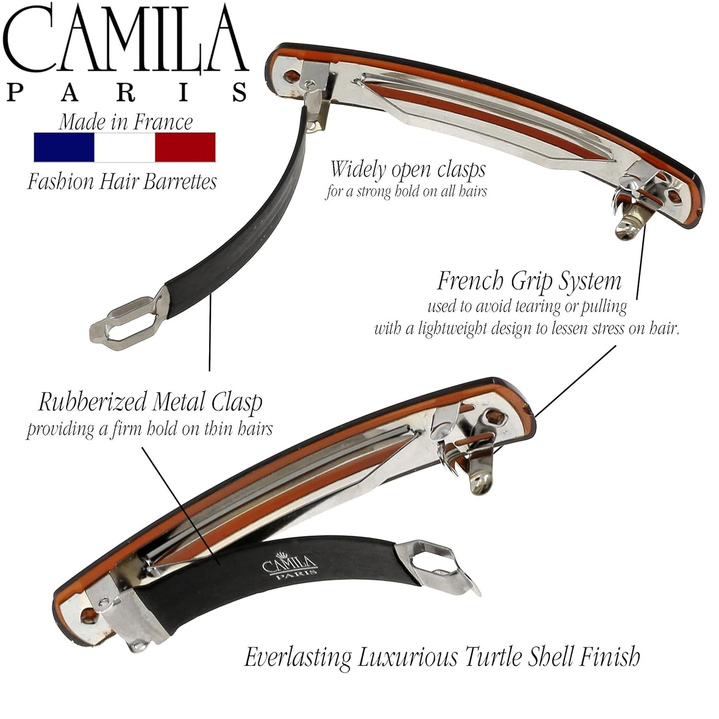 Camila Paris CP3557 French Hair Barrette Clip for Girls, Tortoise Shell, Automatic Metal Clasp Strong Hold Grip Hair Clips for Women, No Slip Durable Styling Girls Hair Accessories, Made in France