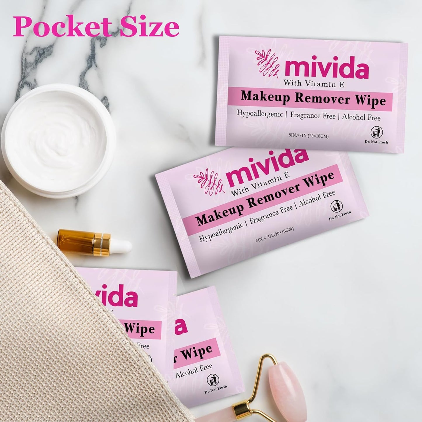 mivida 60 Count Individually Wrapped Makeup Remover Wipes With Vitamin E | Fragrance-Free, Alcohol-Free Hypoallergenic single make up removing wipes | Hotel Travel Size Toiletries