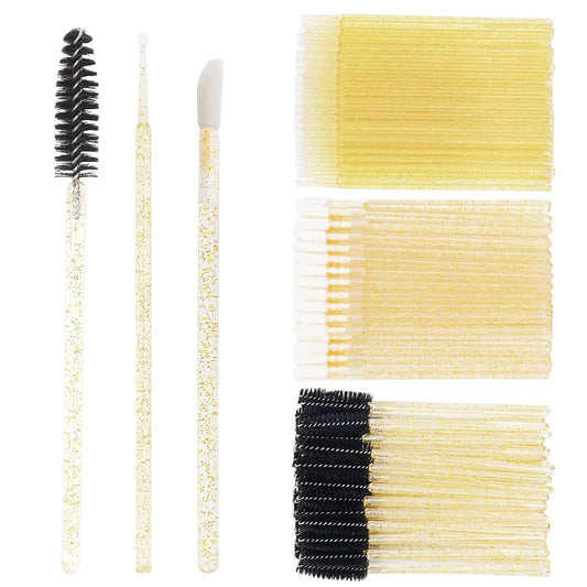 300 PCS Eyelash Extension Supplies Kit,Disposable Lash Spoolies Brushes Micro Swab Brushes Mascara Wand Lip Brushes for Eyelash Extension Tattoo Lipstick Applicator (Gold)