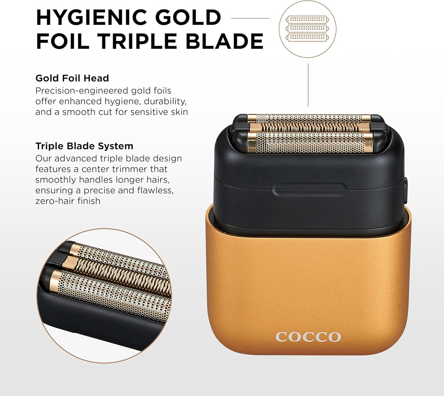 COCCO IMPACTO Shaver, Hygienic Gold Foil Triple Blade, White, Wet & Dry Use, Magnetic Replaceable Head, Intelligent Accelerator, 90 Min Run Time (Gold)