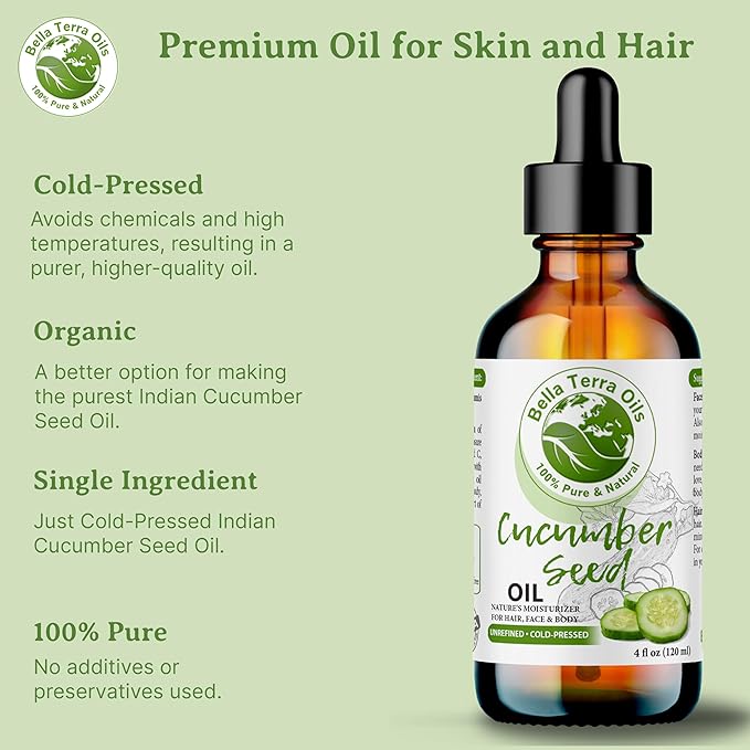 Bella Terra Oils Cucumber Seed Oil for Skin and Hair – 1gallon, Refreshing, Hydrating, Light, Nutrient-Rich, Non-Greasy
