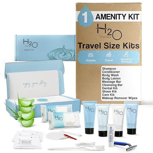 H2O Therapy Amenity & Accessory Kit | 0.85 oz Travel Size Shampoo, Conditioner, Lotion, Body Wash, Massage Bar, Cleansing Bar, Shave & Dental Sets, Make-Up Remover Wipes, & Vanity Kit | 1 set per case