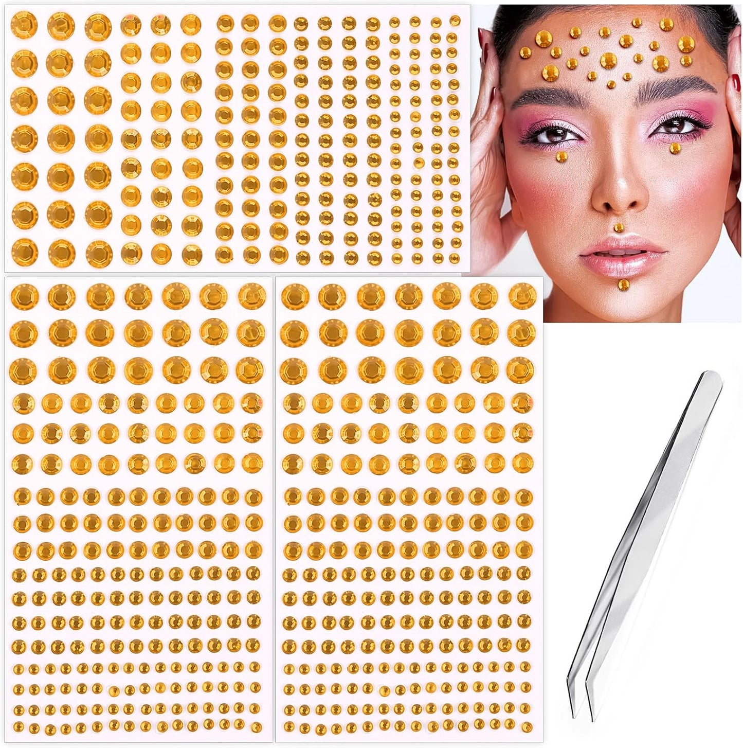 591pcs Face Gems Hair Gems Pearls, Self-Adhesive Face Jewels Eye Rhinestones 3/4/5/6/8 mm Face Gem Stick on, Halloween Makeup Gems Rave Accessories for Face Eyes Body Makeup (12.Gold)