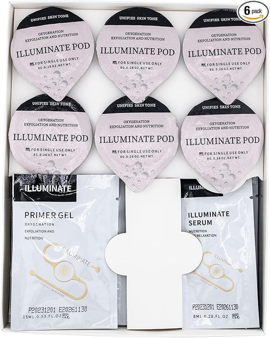 Illuminate - Oxygen Facial CO2 Therapy, Home Facial, 6 Pods + 6 Primer Gel + 6 Serum After Treatment (New Formula Less Foam)