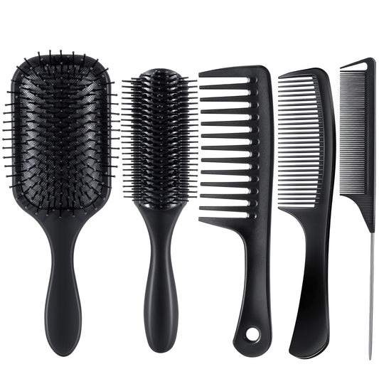 SALONSILK 5PCS Hair Brush Comb Set, Women Men Paddle Styling Hair Brushes Wide Fine Tooth Combs, Rat Tail Parting Barber Professional Set for Detangling, Thick, Natural, Thin, Curly