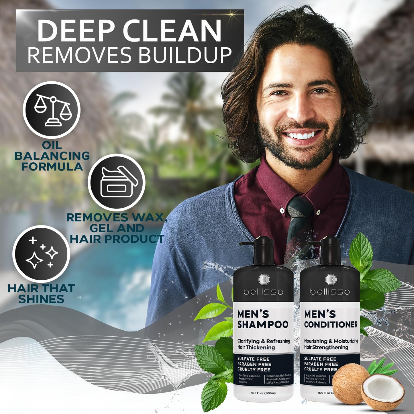Mens Shampoo and Conditioner Set - Sulfate Free and Clarifying - For Men with Oily to Normal Hair - Moisturizing and Thickening - Biotin, Keratin, Tea Tree Oil, Caffeine and Peppermint for Dandruff