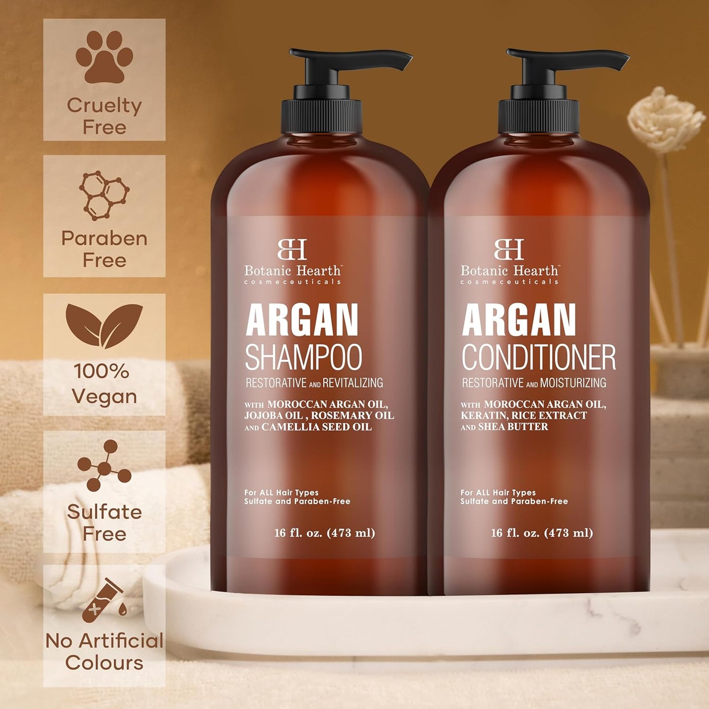Botanic Hearth Argan Oil Shampoo And Conditioner Set | 16 Fl Oz Each With Keratin, Restorative & Moisturizing, Sulfate Free | All Hair Types & Color Treated Hair, Men And Women | (Packaging May Vary)