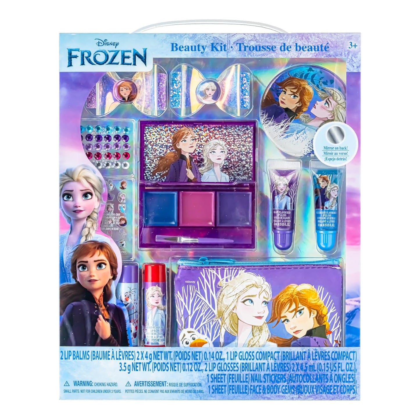 Disney Frozen Super Sparkly Cosmetic Beauty Makeup Set For Girls with Clips, Lip Gloss, Nail Stickers, Lip Balm, Nail Gems and Mirror For Parties, Sleepovers & Makeovers by Townley Girl ﻿