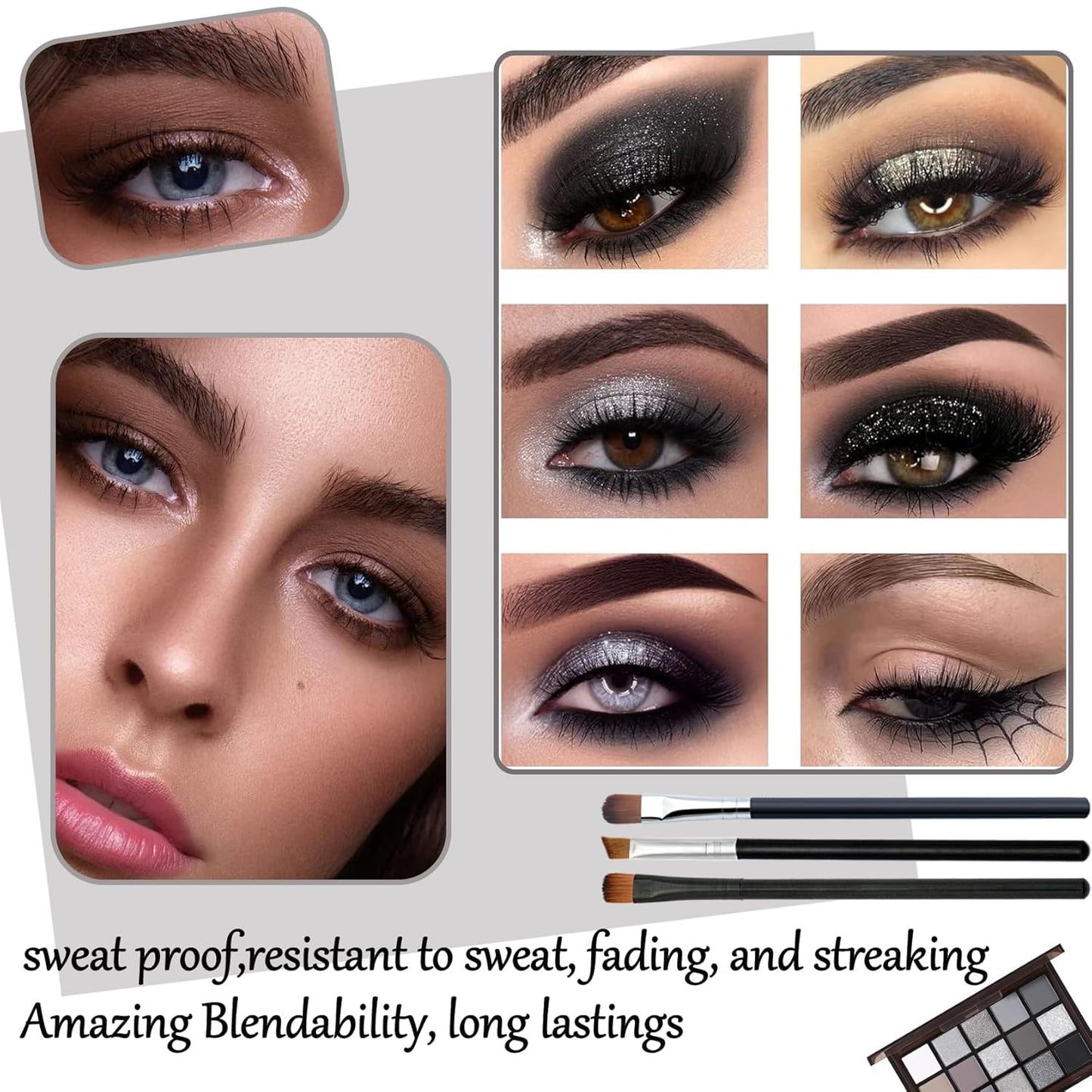 Black Grey Smoky Eyeshadow Palette,15 Colors Matte Shimmer Pigmented Eye Shadow Makeup Palette Set with 3 Eyeshadow Brushes,Glitter Eyeshadow Makeup Palette for Daily Halloween Goth Makeup(A)