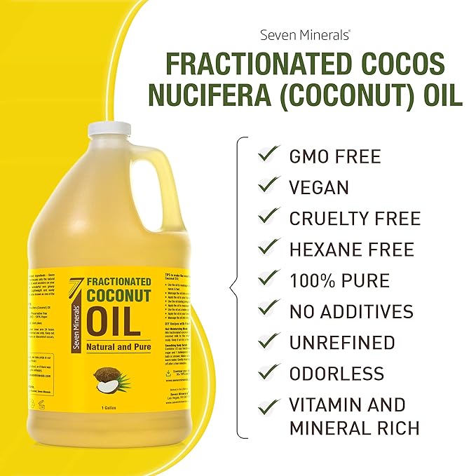 Seven Minerals Pure Fractionated Coconut Oil - 1 Gallon - Non-GMO, 100% Natural, Lightweight Massage Oil for Therapy on Skin, Hair, More - Perfect Bulk Carrier Oil for Essential Oils (128 fl oz)