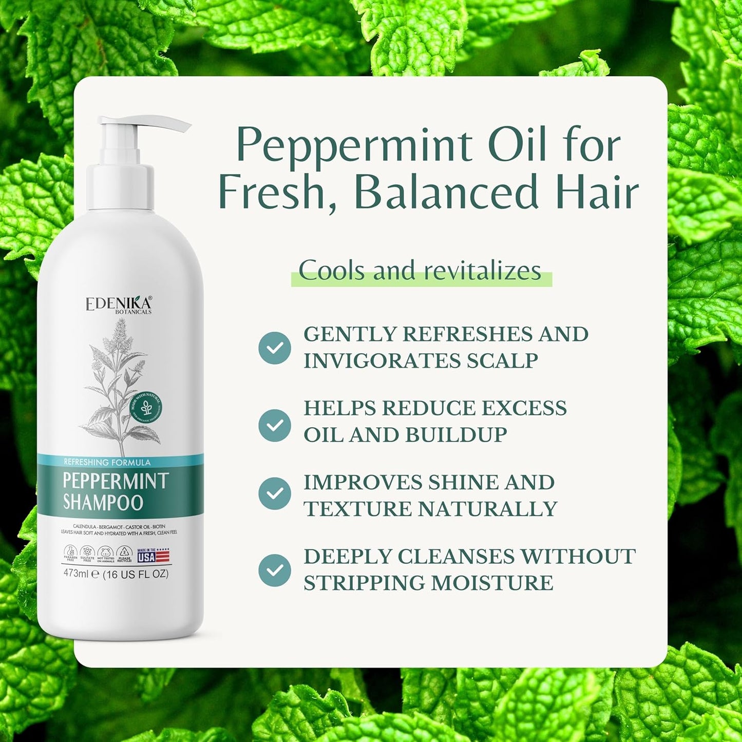 Peppermint Shampoo with Castor Oil & Biotin, Soothes Dry, Itchy Scalp, Strengthens Hair, Reduces Thinning & Hair Loss, Promotes Growth, Adds Volume, Sulfate-Free, 16 fl oz