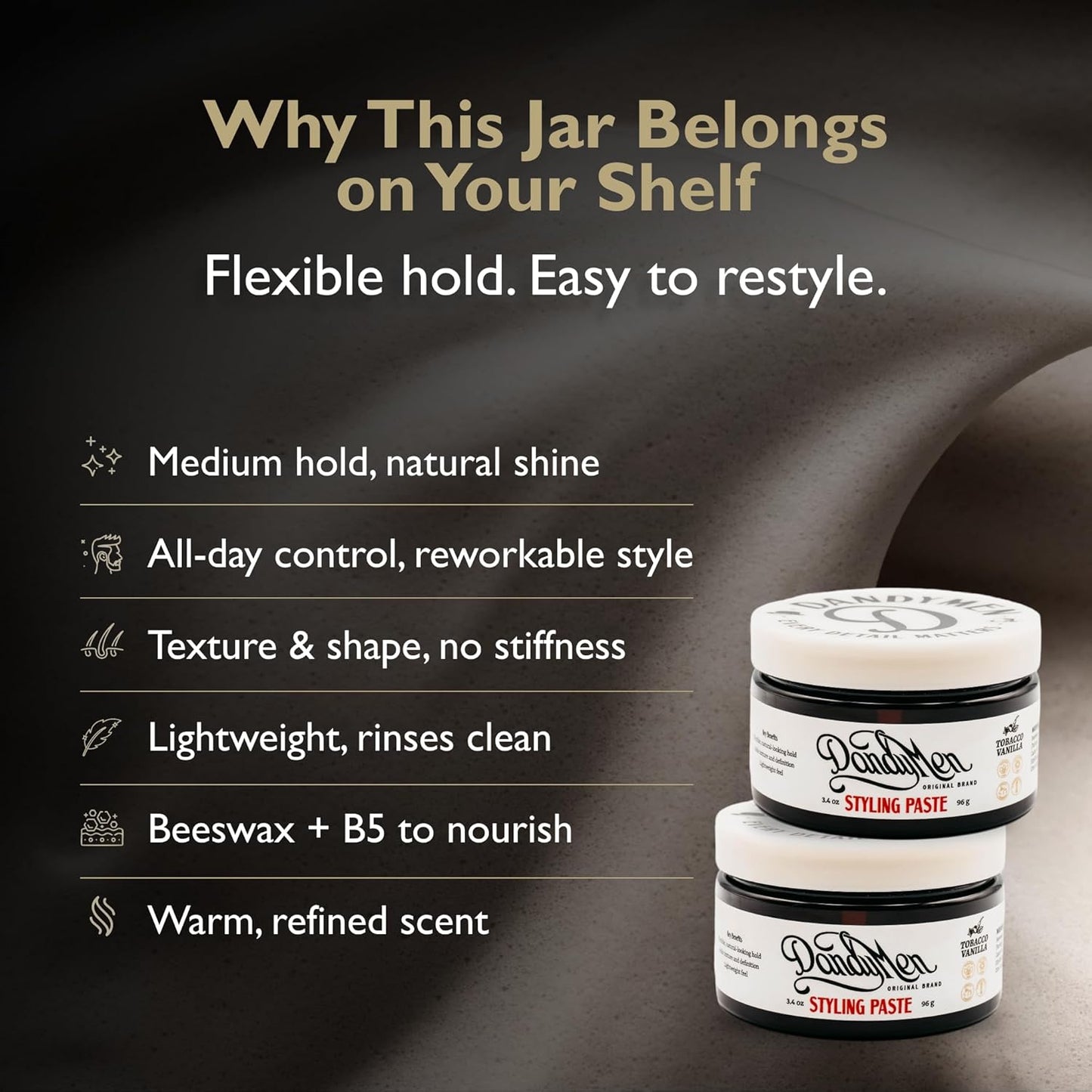 Styling Paste – Medium Hold with Flexible Control and Natural Shine – Enriched with Beeswax & Pro-Vitamin B5 – 3.4 oz (2-pack, Tobacco Vanilla)