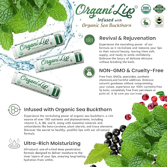 OrganiLip Organic Lip Balm, Spearmint Flavor, Ultra Hydrating Lip Moisturizer for Cracked or Dry Lips, Infused With Organic Sea Buckthorn, Oval Shaped Tube, USDA Certified Organic, 1 Pack