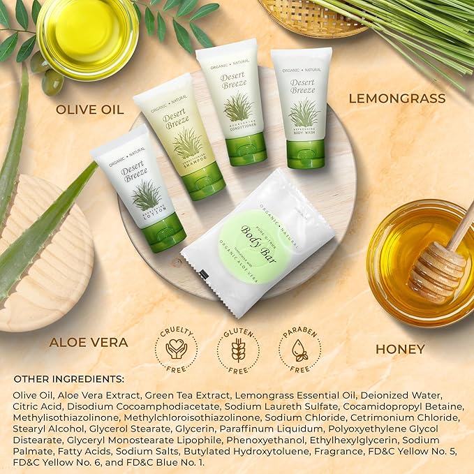 Desert Breeze Amenity Kit | Boxed Hotel Toiletries Bulk Set | 1 oz Shampoo, Conditioner, Lotion, Body Wash & Body Bar Soap | 15 Sets per Case