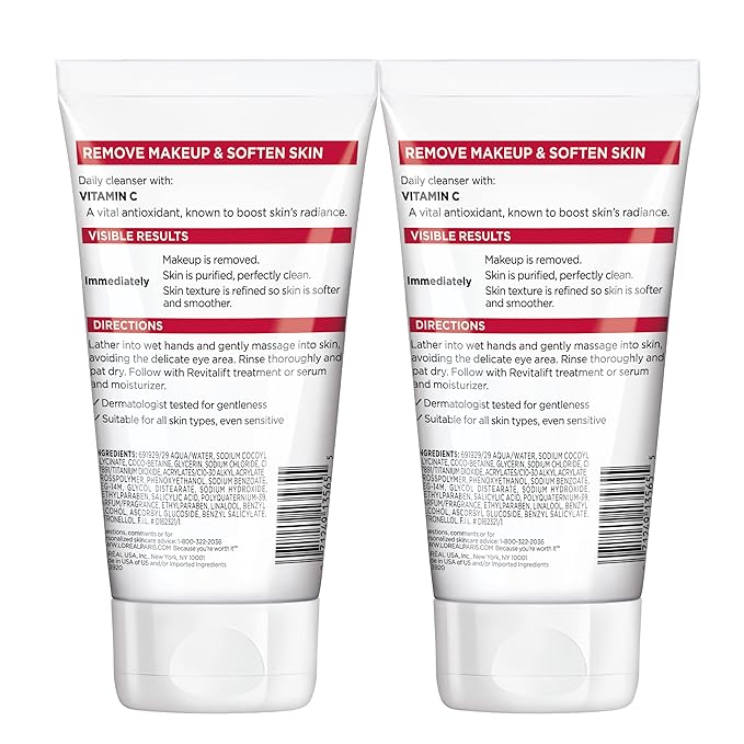 L'Oreal Paris Revitalift Daily Cream Cleanser, Gentle Makeup Remover Face Wash with Vitamin C 5 fl. oz (Pack of 2)