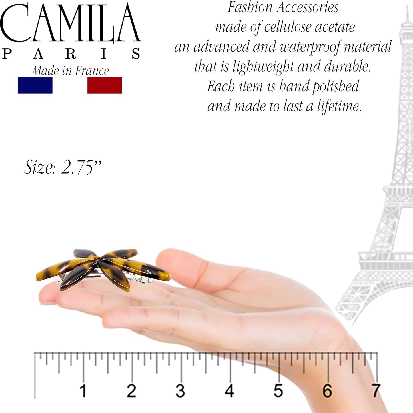Camila Paris CP2880 French Hair Barrette Clip for Girls Flower, Tokyo, Automatic Clasp Strong Hold Grip Hair Clips for Women, No Slip and Durable Styling Girls Hair Accessories, Made in France