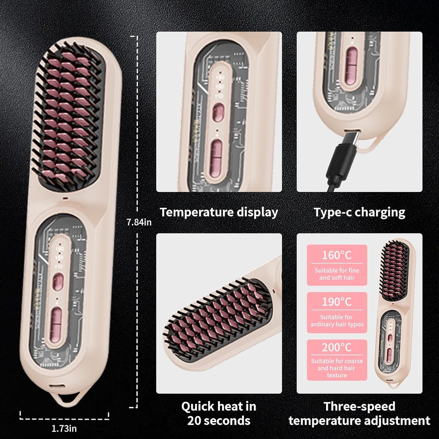 Travel Brush for Women, Portable Cordless Hair Straightener Brush, Mini Hair Straightener with 9600mAh Battery, Fast Charging & 100M Negative Ions - Cordless Portable Styler for On-The-Go (Pink)