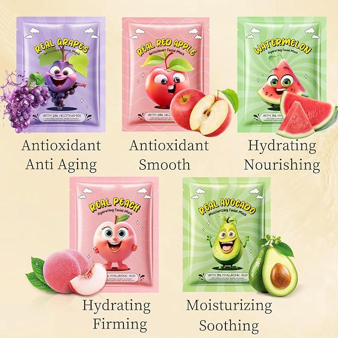 Hydrating Face Masks - Face Masks Skincare - Cartoon Fruit Face Mask Pack - Moisturizing, Antioxidant & Nourishing Facial Mask - Sheet Mask - Girls Easter Basket Stuffers (10PCS, Fruit)