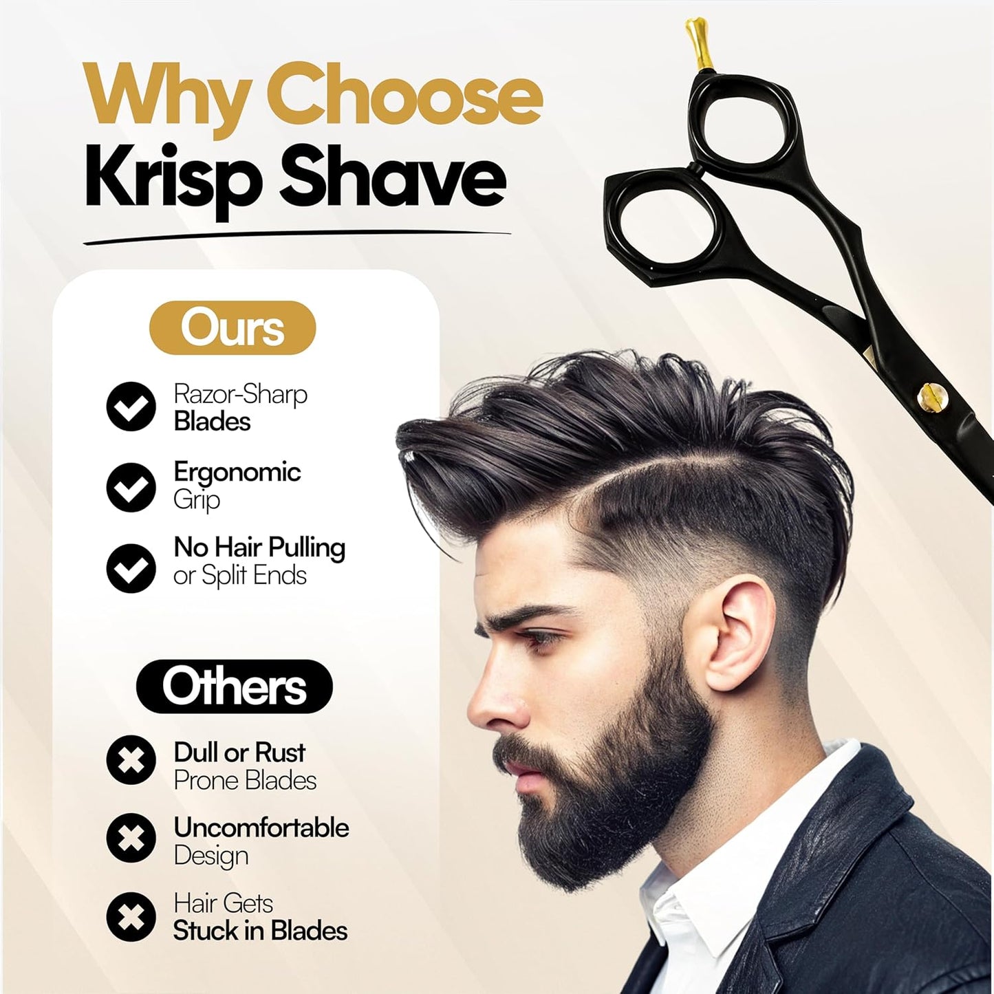 Professional Hair Cutting Scissors - Krisp Shave Stainless Steel Barber Salon Quality Scissor (6 Inch) - Shears for Men's Beard Mustache Women Kids Pets Haircut All Purpose Shear