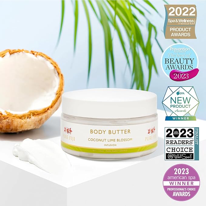 PURE FIJI Body Butter - Moisturizer Body Butter Cream - Face Cream and Body Lotion for Dry Skin with Natural Oils & Vitamin E, Body Butter For Women for Men,Coconut Lime Blossom, 8oz