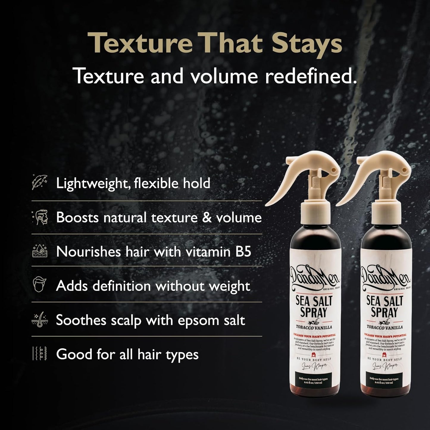 Sea Salt Spray – Lightweight Texture, Volume, and Flexible Hold with Epsom Salt & Pro-Vitamin B5 (2-pack, Tobacco Vanilla)