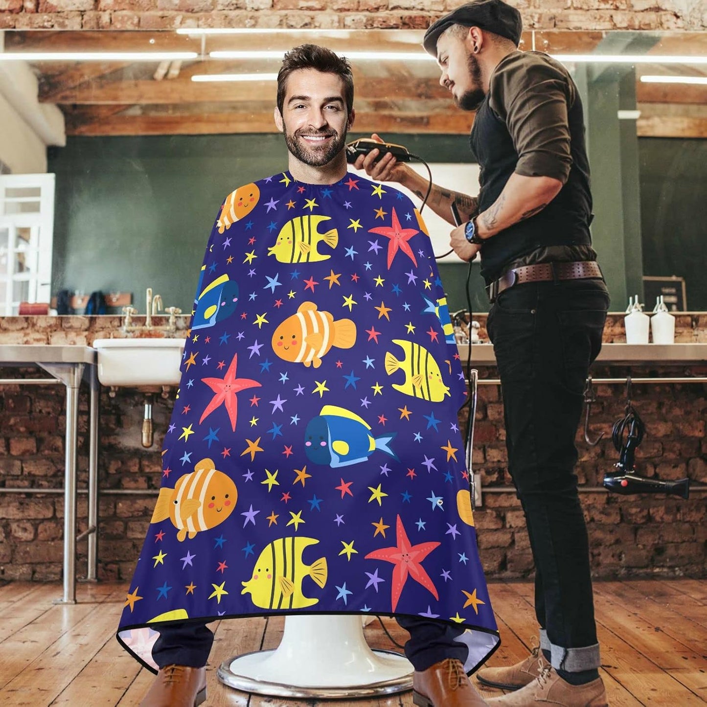 visesunny Barber Cape Sea Fish and Starfish Polyester Hair Cutting Salon Cape Apron Anti-Static Haircut Water-Resistant Shaving Cloth Beard Shaving Bib Hairdressing Cape