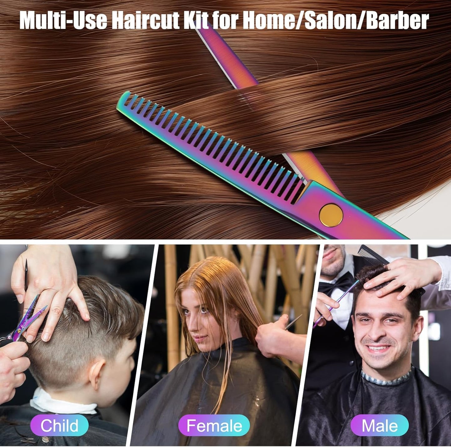 Hair Cutting Scissors Set, Professional Haircut Scissors Kit with Cutting Scissors Thinning Scissors for Barber/Salon/Home/Men/Women/Kids/Adults(Rainbow)