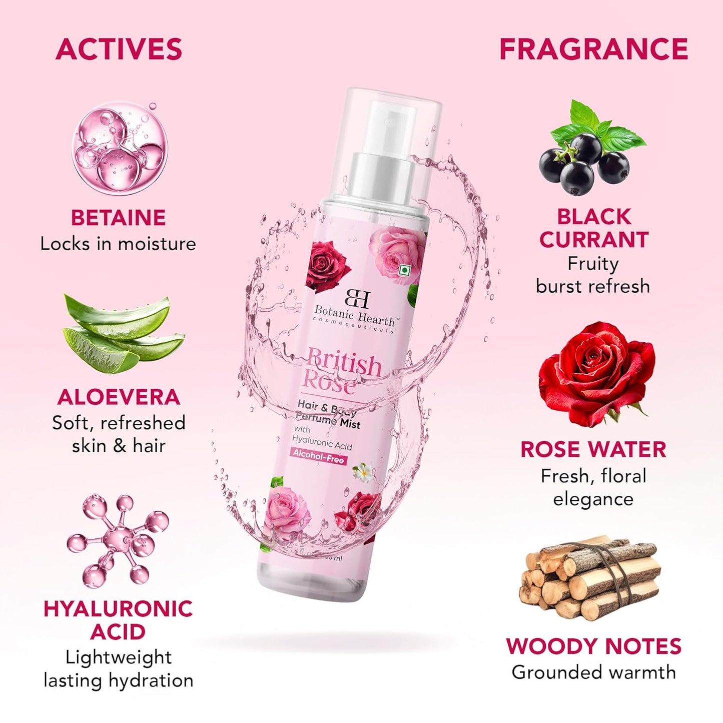 Botanic Hearth British Rose Hair Perfume & Body Perfume Mist with Hyaluronic Acid, Alcohol-Free, Refreshing & Hydrating Body Spray, Long Lasting Floral Fragrance, 100 ml / 3.4 fl oz