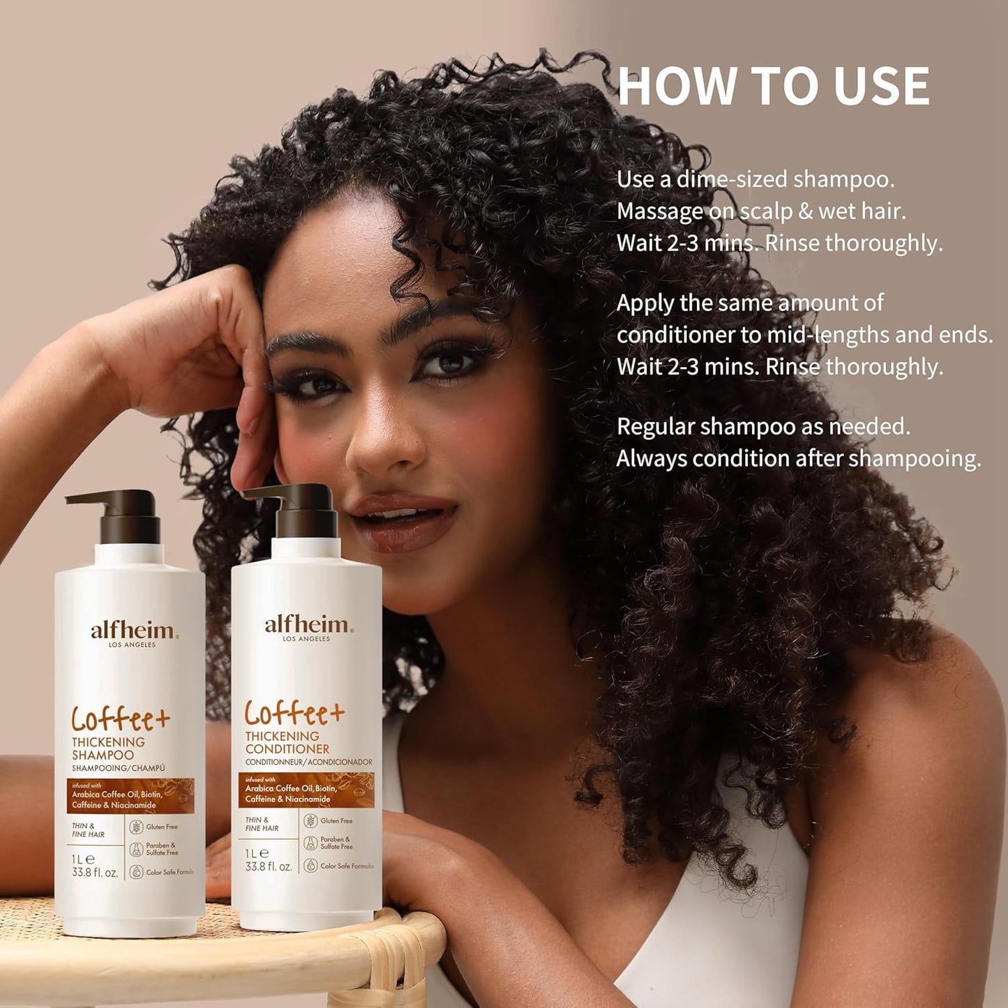 ALFHEIM Coffee+ Thickening Shampoo & Conditioner Set for Fine, Thin & Weak Hair with Caffeine, Biotin & Arabica Coffee Oil – Strengthening, Moisturizing & Volumizing Duo – Sulfate-Free – 33.8 oz × 2