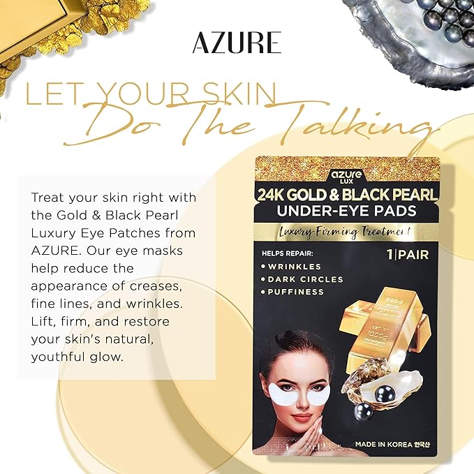 AZURE 24K Gold & Black Pearl Luxury Firming Under Eye Pads - Moisturizing & Restoring Eye Mask Patches - Reduces Fine Lines, Wrinkles, Dark Circles & Puffiness - Skin Care Made in Korea - 10 Pairs
