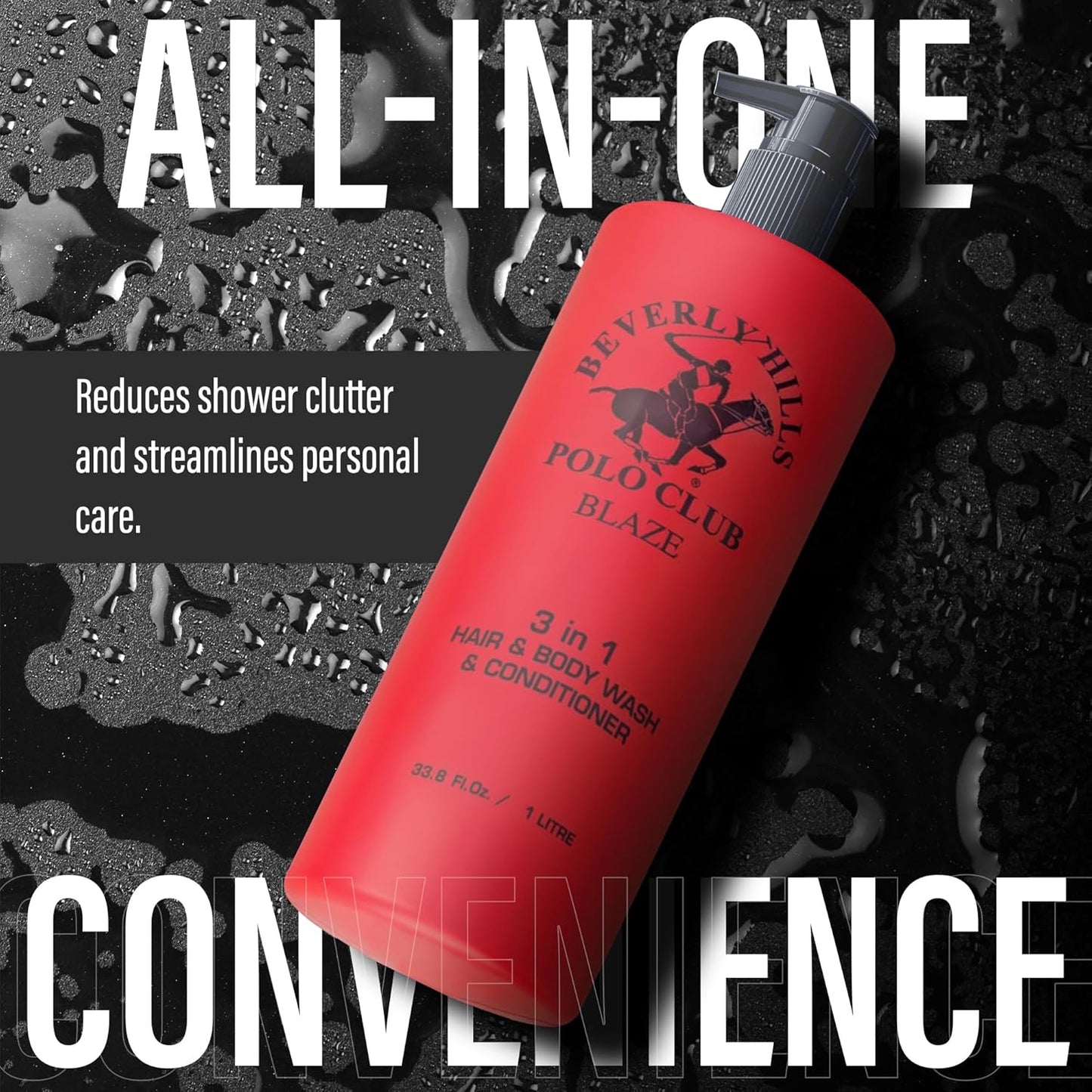 Beverly Hills Polo Club Men's 3-in-1 Shampoo Conditioner Body Wash | Blaze Scent | Premium All-Day Freshness & Invigorating Luxury Grooming | Large 33.8 fl oz Bottle